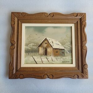 Rustic Winter Barn Oil Painting in Wooden Frame Signed Roland